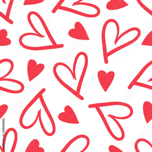Seamless pattern with red hearts and doodles on white background