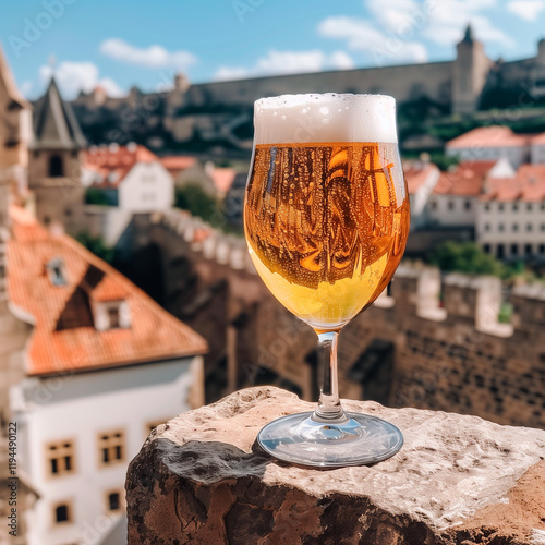a glass of cold beer with foam stands on the stone of the fortress against the background of the European old town, Germany, Czech Republic, Austria, beautiful view, vacation