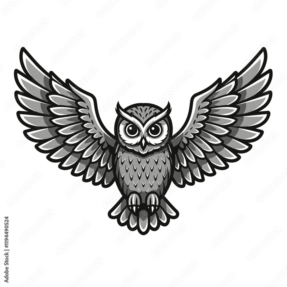 Obraz premium Soaring Owl: A majestic owl in flight, wings spread wide, with a powerful and watchful gaze. Its intricate plumage and sharp eyes are rendered in striking monochrome detail.