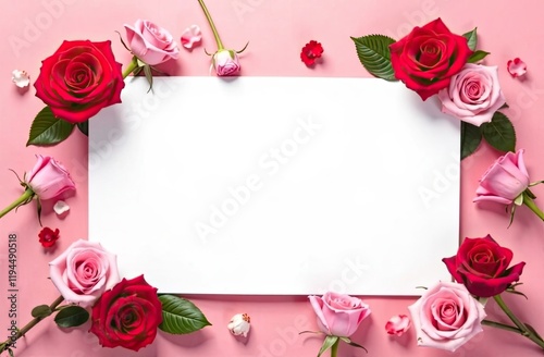 Pink and red roses surround a blank space, perfect for writing personal messages. This lovely floral arrangement adds elegance to any occasion. Background for birthday, mother day, valentine day