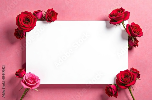 Pink and red roses surround a blank space, perfect for writing personal messages. This lovely floral arrangement adds elegance to any occasion. Background for birthday, mother day, valentine day