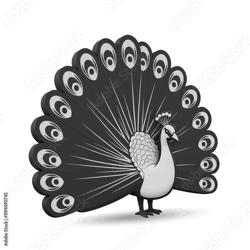 Peacock with Spread Feathers: A sleek peacock, its plumage fully fanned out in an intricate display of black and white feathers, stands gracefully against a clean background.