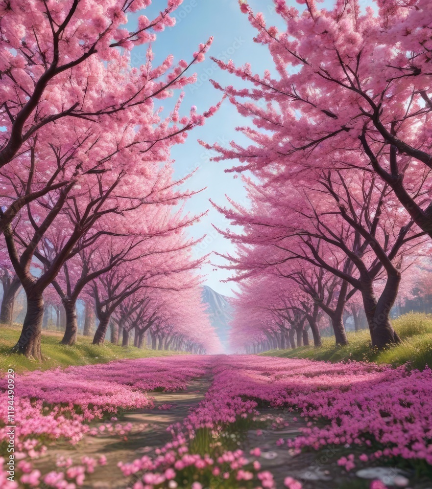 Obraz premium A field of blooming cherry blossom trees with vibrant pink flowers and soft focus effect, soft focus, natural beauty