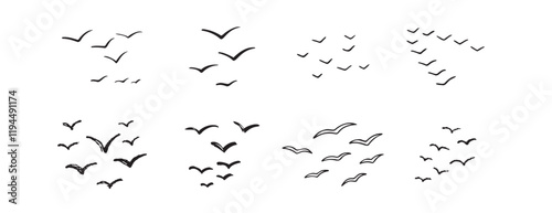 Birds flying line in the sky set. Ink grunge flock of birds afar brush hand drawn. markers and crayons