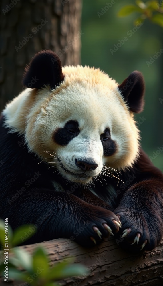 Fototapeta premium A giant panda napping, paws tucked under, serene expression , paws, wildlife