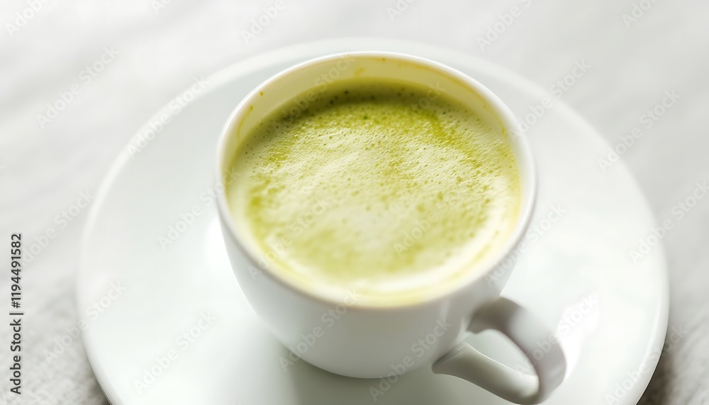 Serene Matcha Latte: Frothy Green Tea in White Cup Serene Matcha Latte: Frothy Green Tea in White Cup