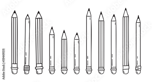 Pencil with eraser hand drawn doodle line scandinavian minimalism icon set. Pencil single element for school, teaching, drawing