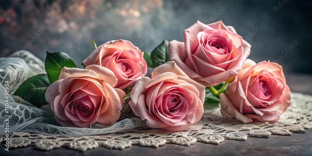 Obraz premium A delicate arrangement of soft pink roses resting gracefully on a white lace doily, capturing the essence of elegance and beauty.