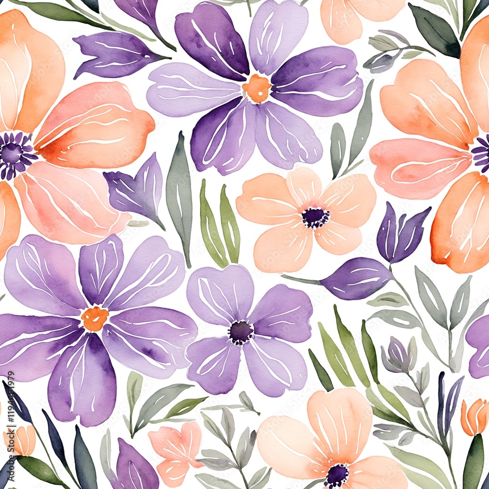 Obraz premium A delicate watercolor floral pattern featuring soft pastel hues of purple and peach - Seamless tile
