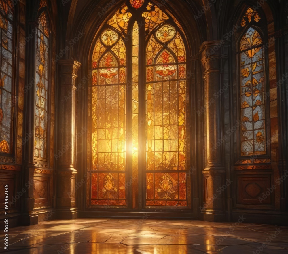 Fototapeta premium A golden light shining through stained glass window, intricate, dimensional