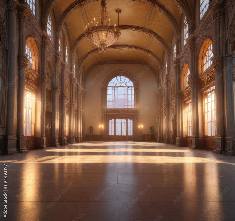 A grand hall is illuminated by the soft light of sunrise, sunny spot, crystal fixtures, radiant illumination A grand hall is illuminated by the soft light of sunrise, sunny spot, crystal fixtures, radiant illumination
