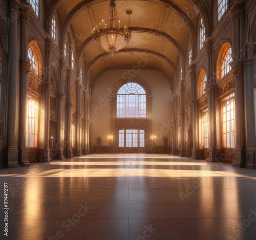 A grand hall is illuminated by the soft light of sunrise, sunny spot, crystal fixtures, radiant illumination