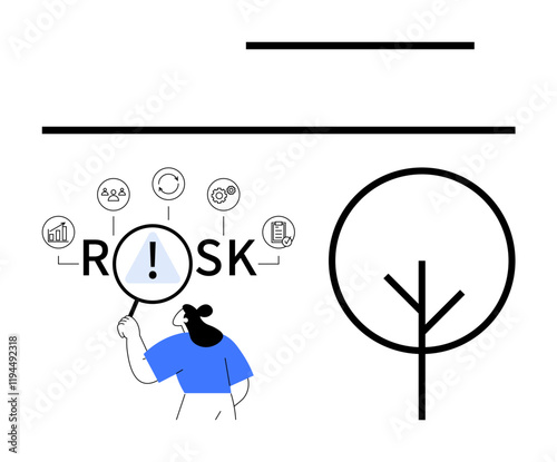 Person examines Risk with magnifying glass, surrounded by icons thumbs up scales, data, clock, and people. Minimal tree drawing. Ideal for analytics, business, decision-making sustainability