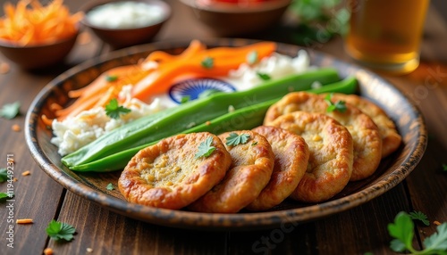 Traditional Indian food platter in tricolor hues with Happy Republic Day text. photo