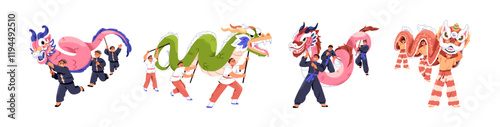 Chinese New Year dragon dance performance, set. Festive traditional Asian celebration for luck and fortune. Lunar festival parade in China. Flat vector illustration isolated on white background