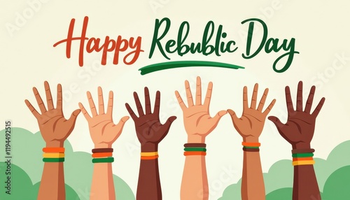 3D letters of Happy Republic Day over a flowing Indian flag background.