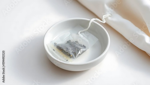 Serene Tea Bag in Minimalist White Dish: A Peaceful Moment