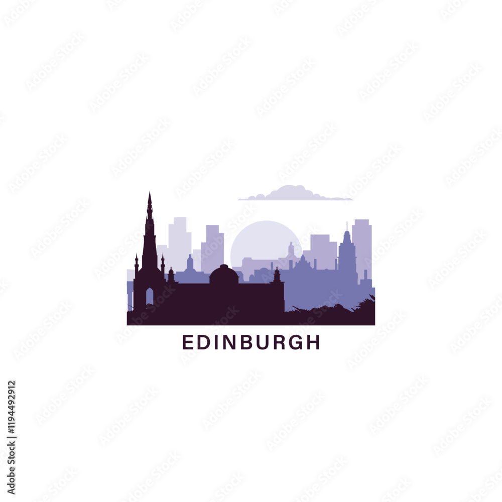 Naklejka premium UK Edinburgh logo with skyline, cityscape retro vector icon. United Kingdom, Scotland abstract travel city facade, horizon logotype
