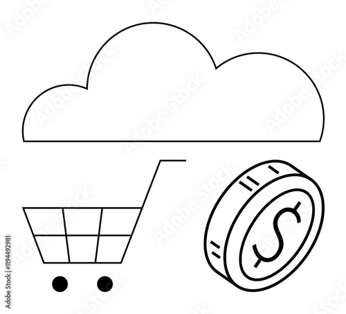 Cloud element above shopping cart and dollar coin representing cloud-based e-commerce, secure transactions. Ideal for online shopping, finance, digital economy, payment systems, business operations