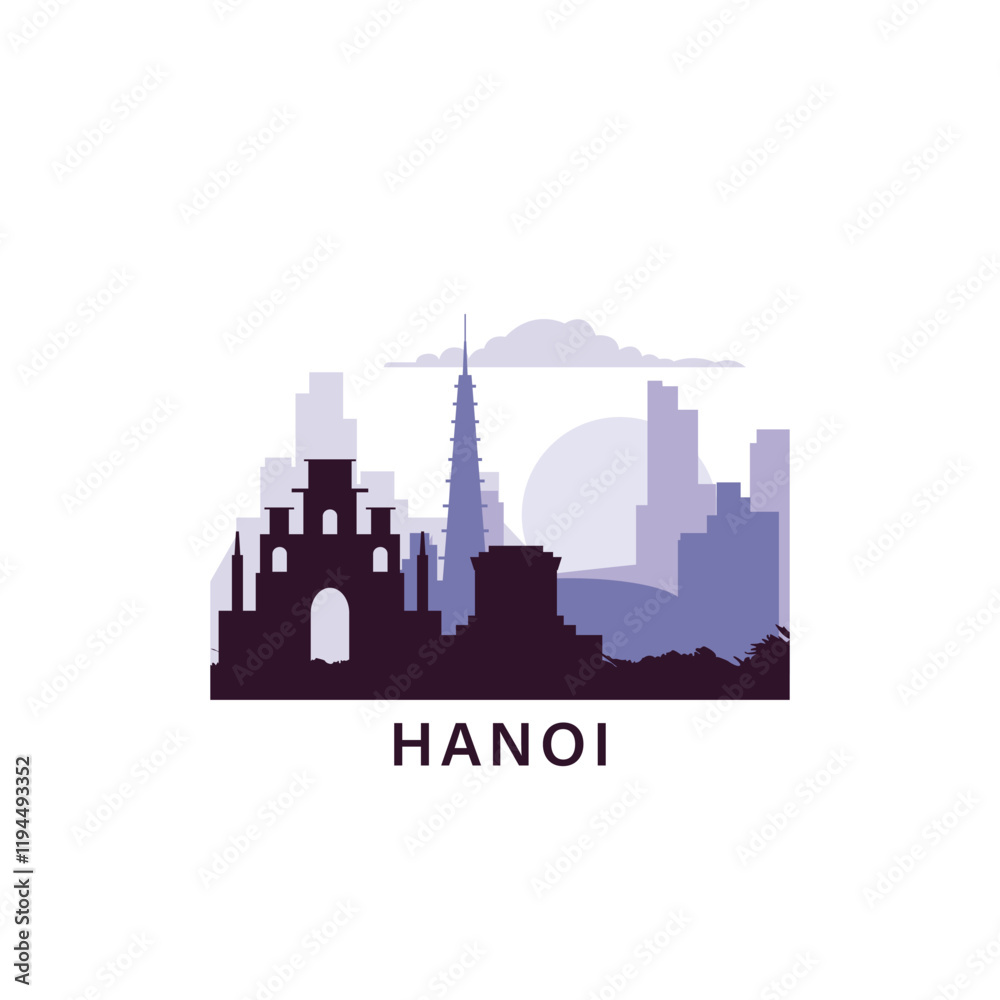 Obraz premium Hanoi logo with skyline, cityscape retro vector icon. Vietnam city horizon, facade, travel logotype