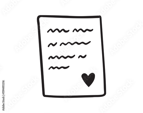 Love letter hand drawn doodle icon. Valentines day love text clipart. Vector outline paper with heart.