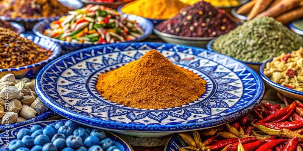 Fototapeta premium Aromatic Spice Blend in a Blue and White Ceramic Dish with Other Spices and Herbs Around It