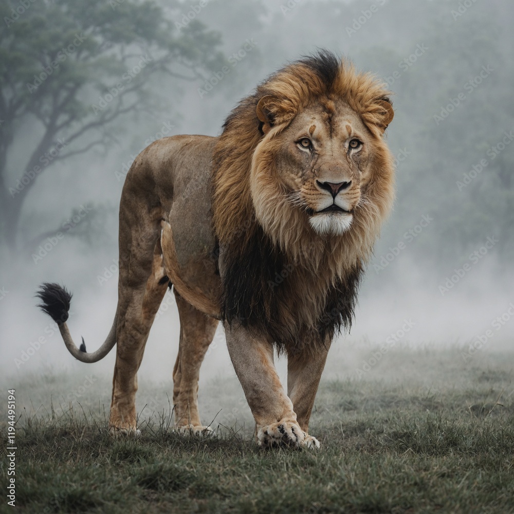 Obraz premium A lion walking through mist, white background.