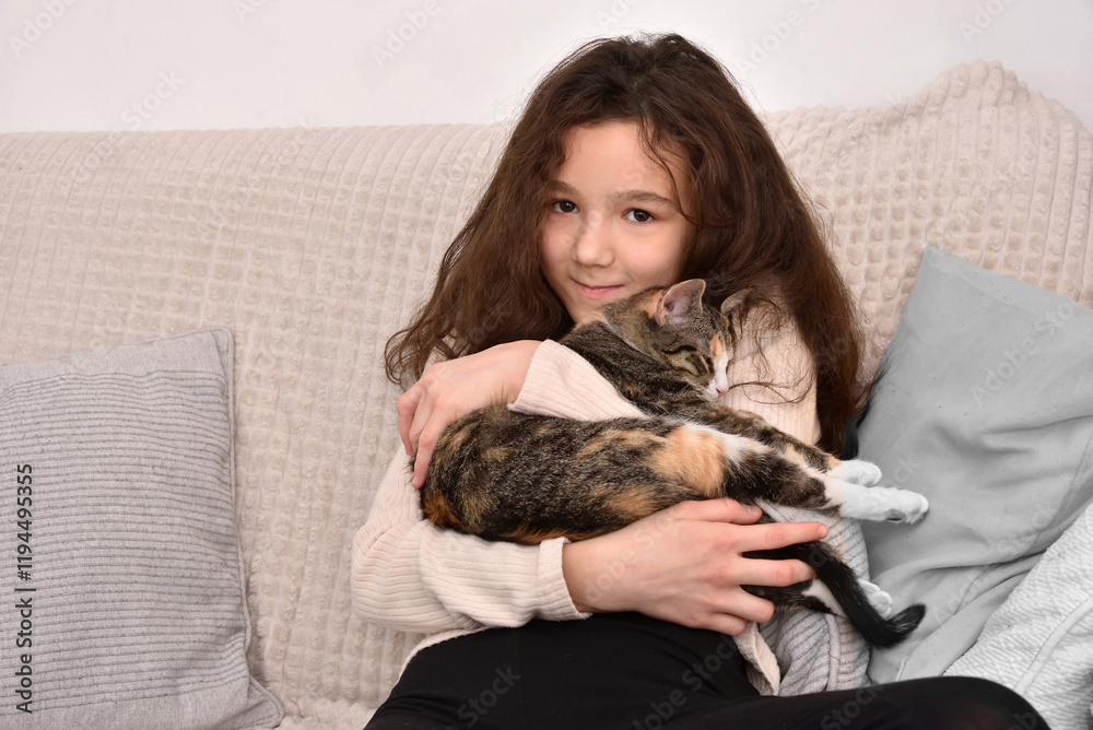 Smiling young girl sitting on the sofa and holding her kitten. Friendship of child and animal. Keeping pets at home, care and love of animals concept. Smiling young girl sitting on the sofa and holding her kitten. Friendship of child and animal. Keeping pets at home, care and love of animals concept.