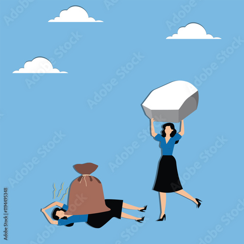 The businesswoman lifts a huge stone and throws responsibility, problems and issues at his colleague