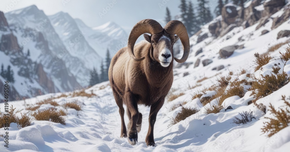 Naklejka premium A bighorn sheep navigating through dense snow on a mountain trail, winter wilderness, mountain trails, animal tracks