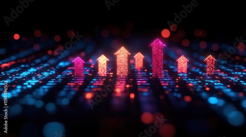 Colorful digital arrows representing growth on a vibrant data background with glowing dots