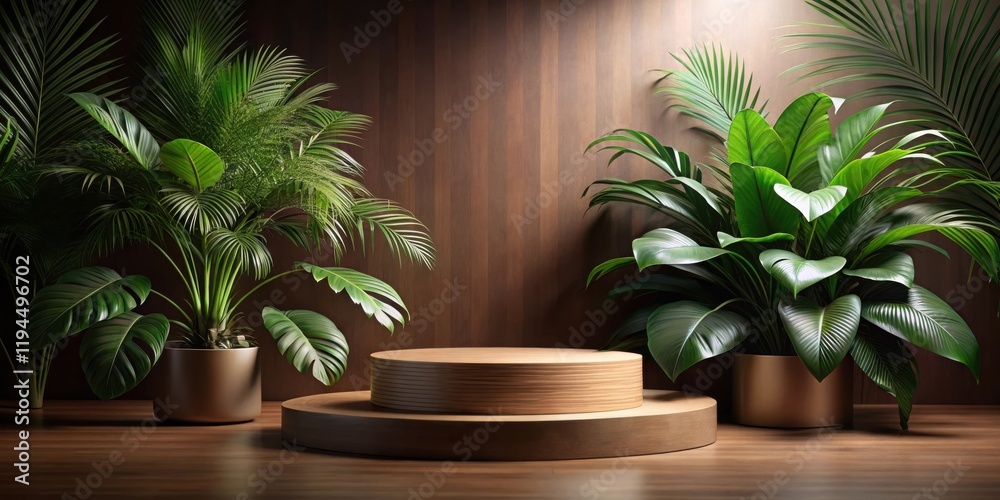 A Rustic Wooden Display Platform Surrounded by Lush Tropical Foliage and a Warm Wooden Backdrop A Rustic Wooden Display Platform Surrounded by Lush Tropical Foliage and a Warm Wooden Backdrop
