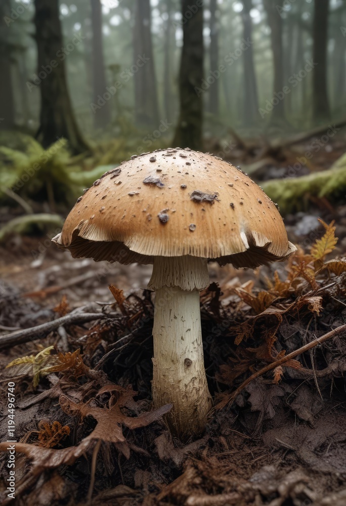 A decaying mushroom with a cap of brown and grey hues, partially buried in damp soil on a forest floor, nature, woodland floor, leaf litter A decaying mushroom with a cap of brown and grey hues, partially buried in damp soil on a forest floor, nature, woodland floor, leaf litter