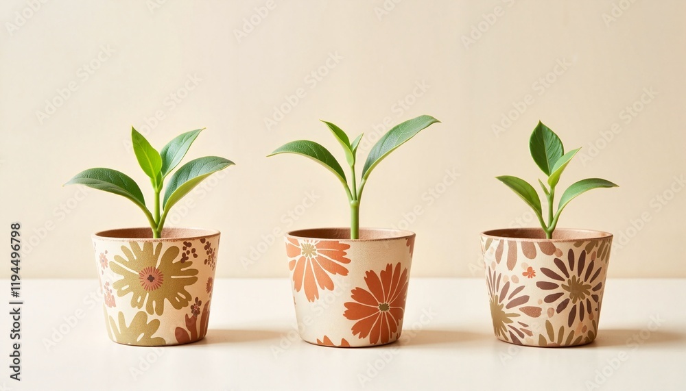 Three Beautiful Small Flower Pots with Vibrant Green Plants on a White Table