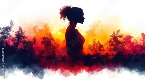 Silhouette of a Woman in a Serene Forest at Sunset, Capturing the Essence of Peace, Reflection, and Connection with Nature in a Colorful Landscape