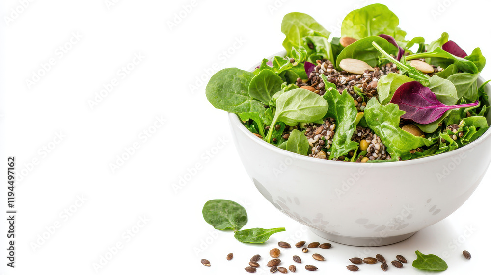 Fresh leafy salad in a white bowl with seeds on a white isolate background. Flexitarian food concept Fresh leafy salad in a white bowl with seeds on a white isolate background. Flexitarian food concept