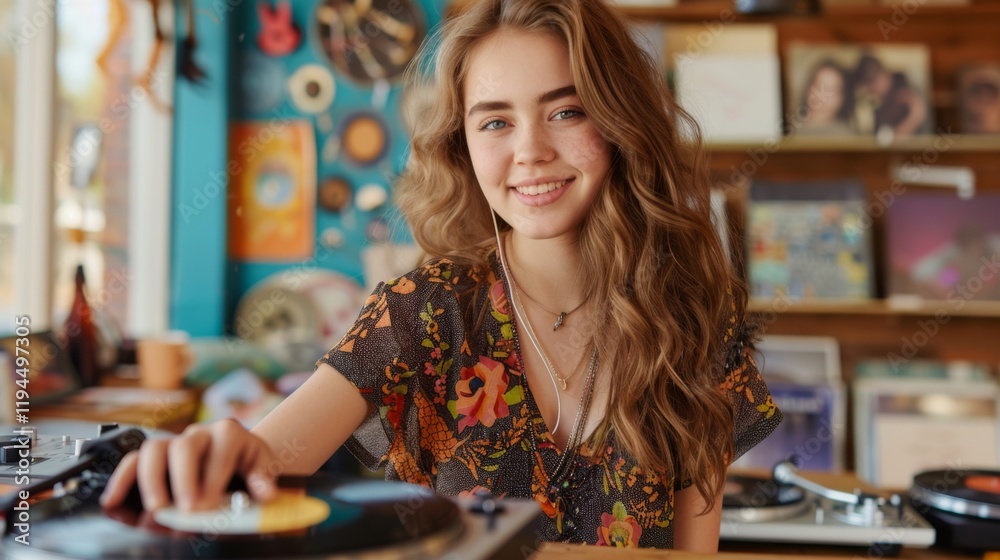 Fototapeta premium Young woman enjoys vinyl records in colorful music store engaging atmosphere captivating moment