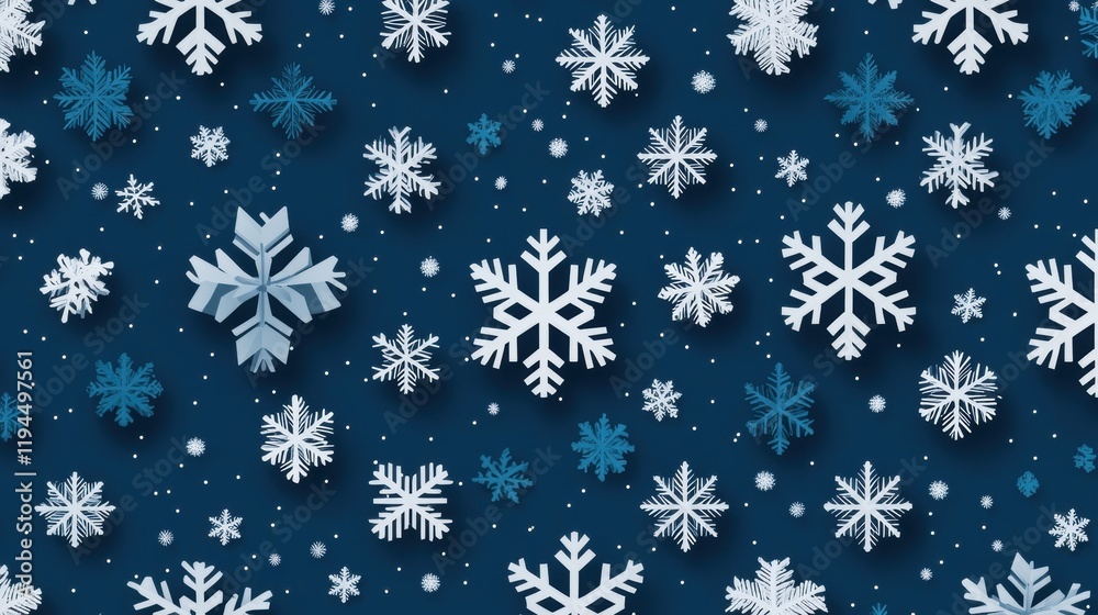 A bold, dark blue gradient background with bright white snowflakes arranged in a geometric pattern, creating a modern and striking winter design.