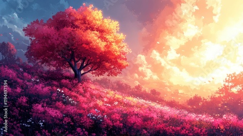 Vibrant Autumn Landscape with Colorful Tree and Blossoming Flowers Under a Dramatic Sky at Sunset, Capturing the Beauty of Nature and Serenity in an Imaginary World