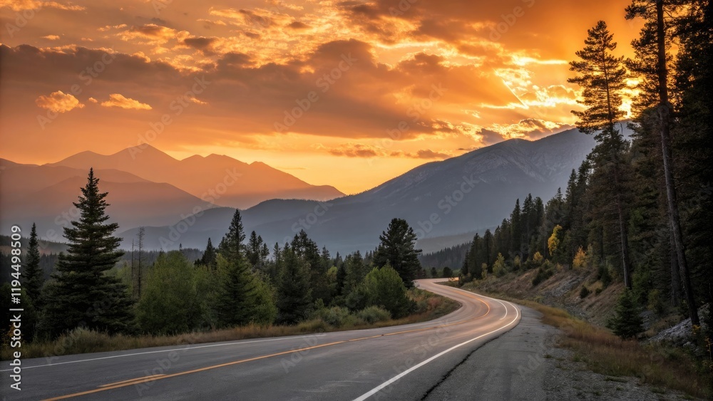 Naklejka premium A dramatic sunset on an empty stretch of asphalt road with mountains and trees in the foreground and a bright orange sky behind, empty road, mountain view