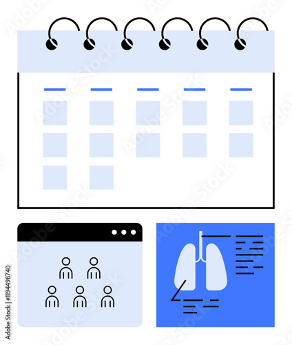 Calendar representing scheduling, virtual meeting with diverse participants, and lung diagnostic illustration. Ideal for telemedicine, healthcare planning, remote diagnostics, team collaboration