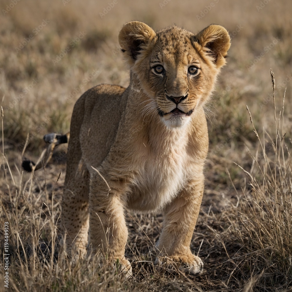 A lion cub exploring, white background.
A lion cub exploring, white background.