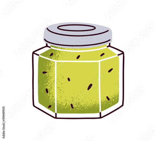 Kiwi jam canned in glass jar. Sweet exotic fruit preserve. Confiture, summer ...