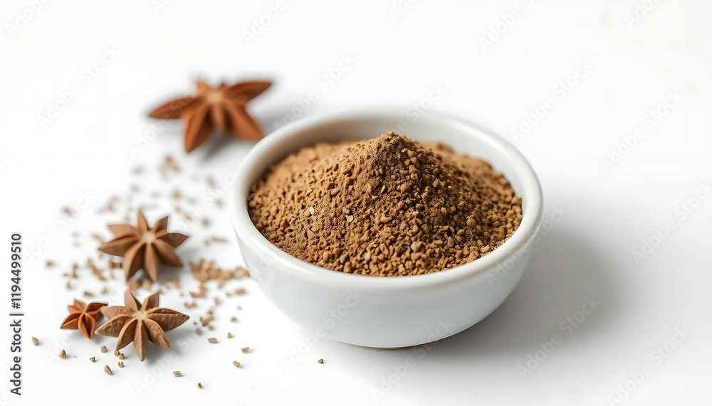 Star Anise Spice Powder: Aromatic Brown Blend in White Bowl Star Anise Spice Powder: Aromatic Brown Blend in White Bowl