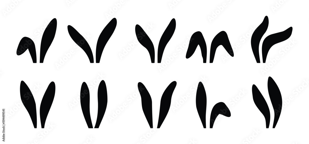 Collection of rabbit ears silhouette for happy Easter. Rabbit ears black icons set. Collection of rabbit ears silhouette for happy Easter. Rabbit ears black icons set.