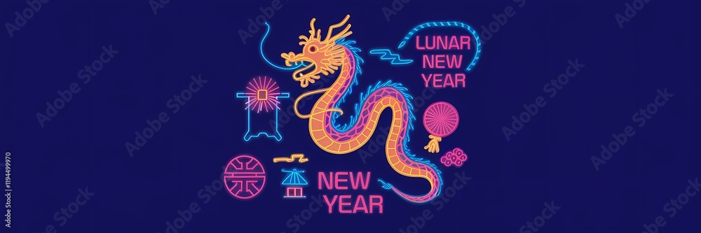 Fototapeta premium A minimalist neon-themed Lunar New Year poster design with a creative illustration of a dragon. The dragon is made up of various symbols associated with the holiday, such as a firecracker, a lantern