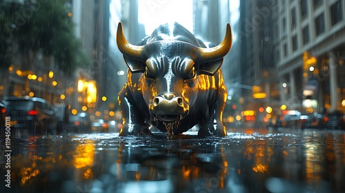 Golden Bull, Rainy Wall Street, Financial District, Cityscape photo