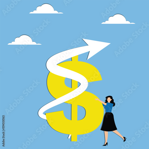 Economy, monetary or stock market intervention, monetary policy or economic policy, traders holding dollar signs to support the arrow growing upwards