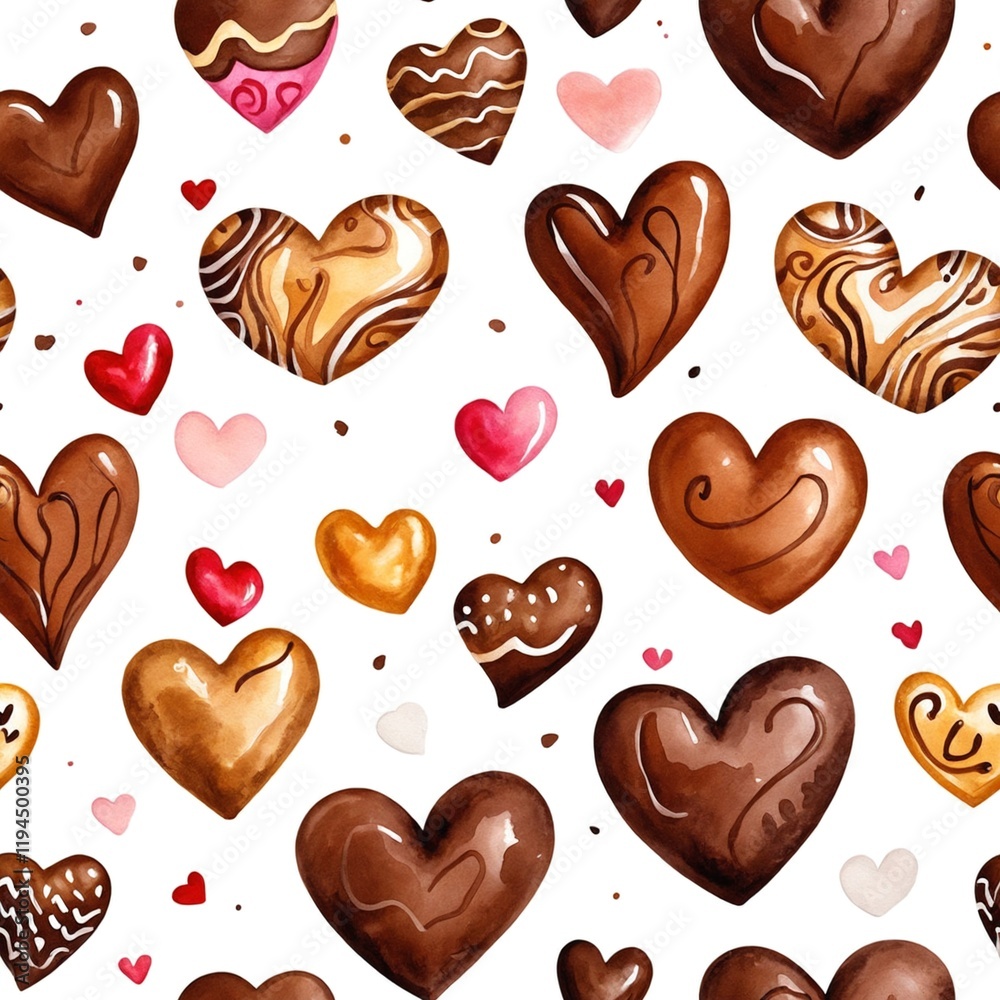 Playful seamless design of chocolate hearts in various shapes and colors Playful seamless design of chocolate hearts in various shapes and colors