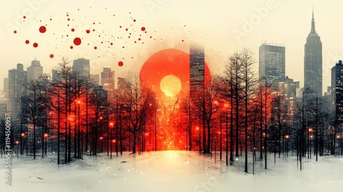 Enchanting Urban Landscape at Dawn with Silhouetted Trees, Vibrant Red Sun, and Iconic City Skyline Under a Soft Winter Glow
